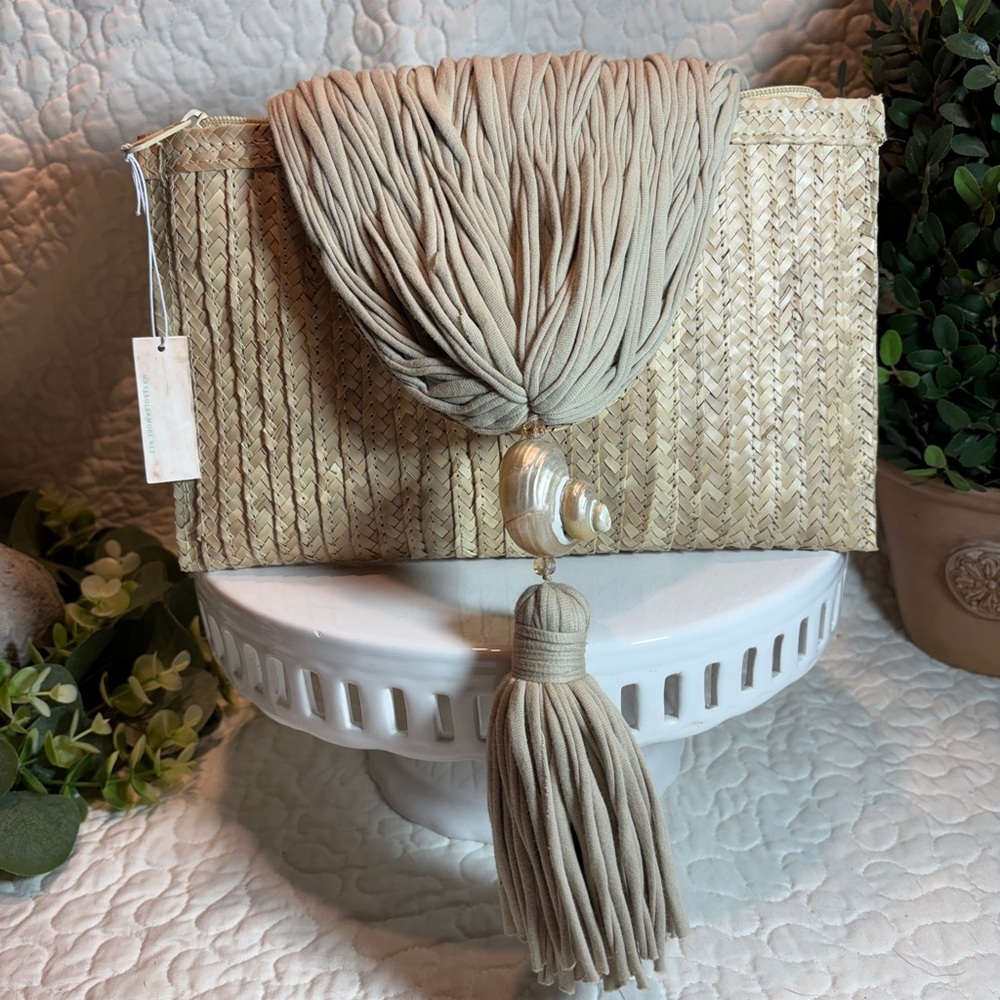 Neutral Woven Straw Clutch with Shell Tassel Accent